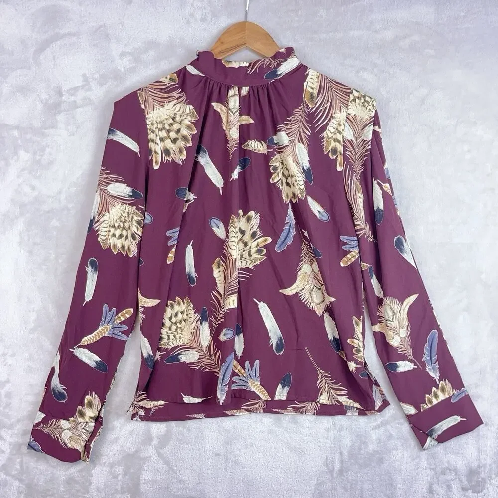 Pinkyotto New York Blouse Mock Nexk Feather Print Burgundy Top Med Boho Earthy